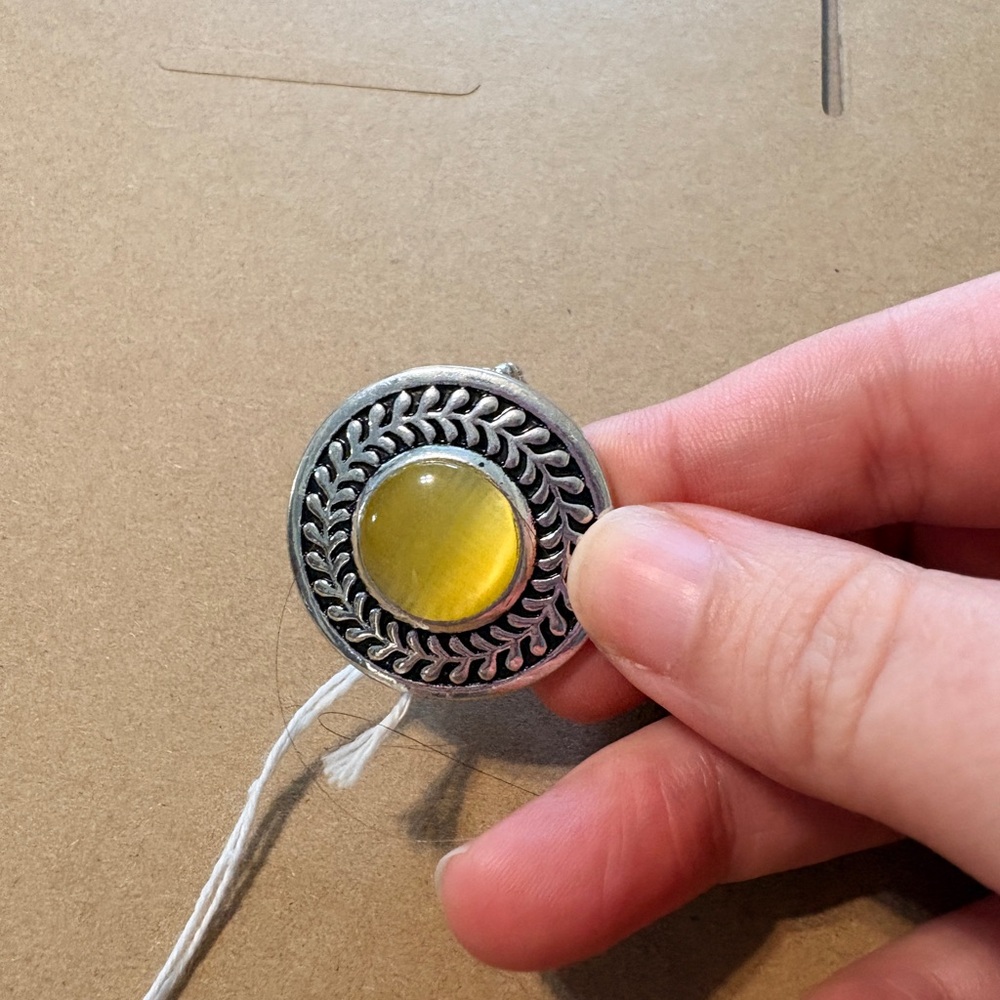 paparazzi Silver-Tone Ring with Yellow Glass Cabochon